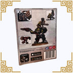 Package of a warhammer 40k orks warboss in mega armour with images and branding on the back