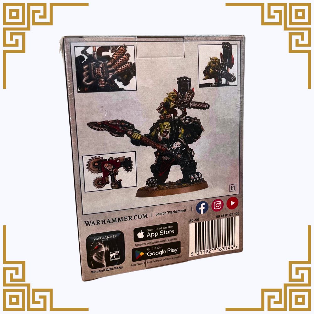 Package of a warhammer 40k orks warboss in mega armour with images and branding on the back