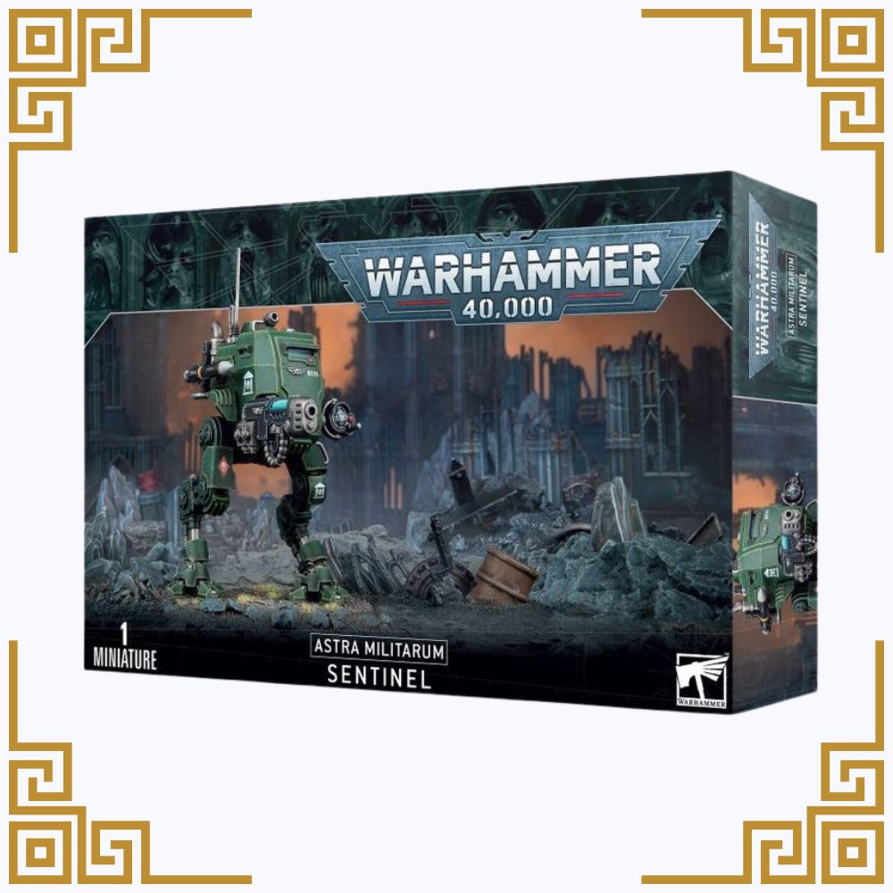 Warhammer 40,000 Astra Militarum Sentinel miniature packaging on a white background
