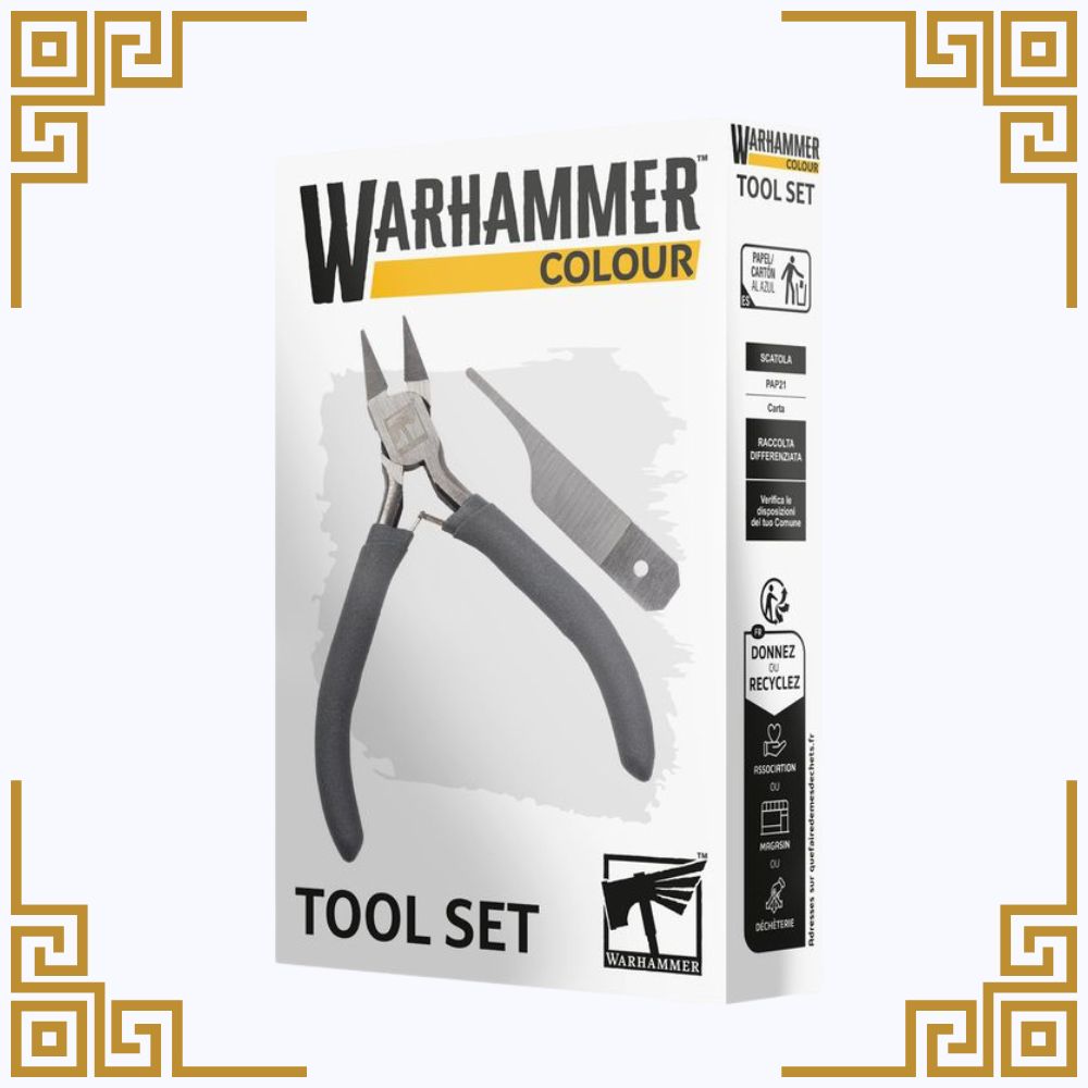 Warhammer Colour tool set packaging with pliers illustration on a white background